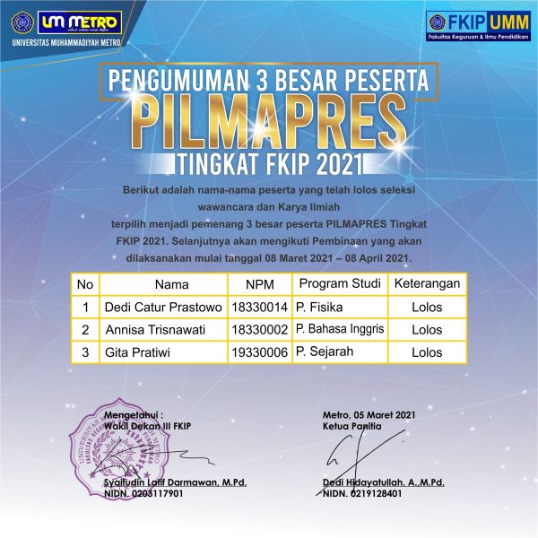 PENGUMUMAN TIGA BESAR PILMAPRES TINGKAT FAKULTAS (FKIP UM METRO)