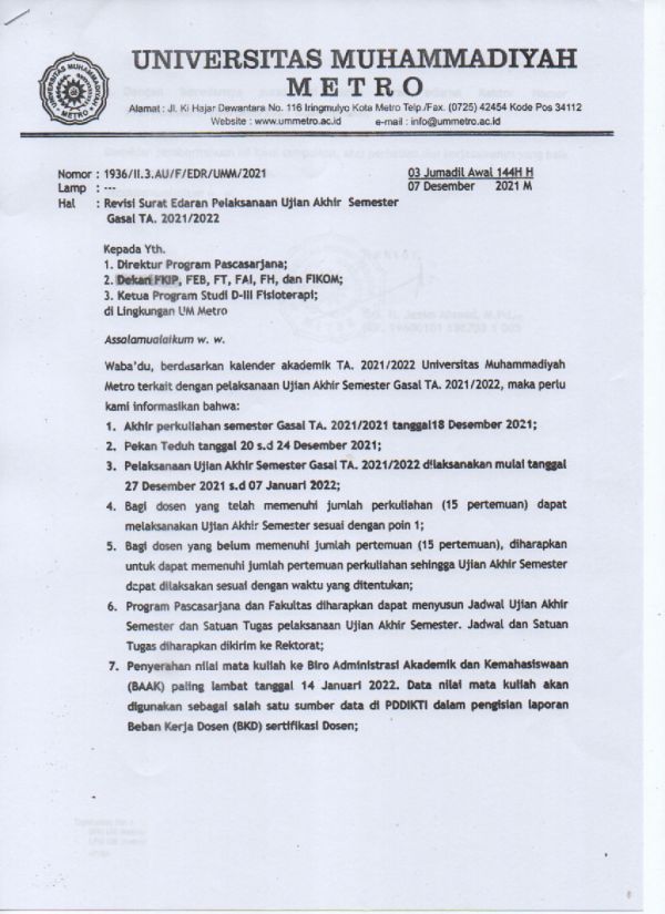 INFORMASI PELAKSANAAN UJIAN AKHIR SEMESTER GANJIL 2021/2022
